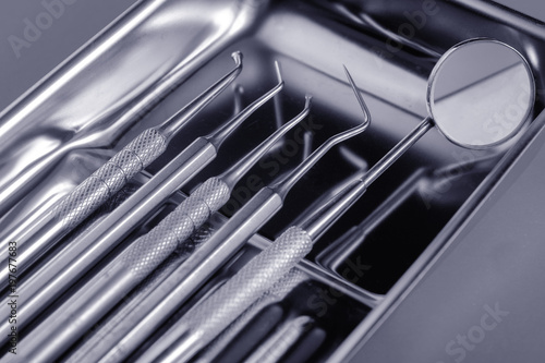 Metal dental instruments in a special tray