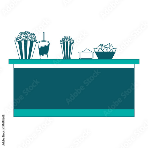 cinema bar counter buckets popcorn soda nachos food vector illustration
