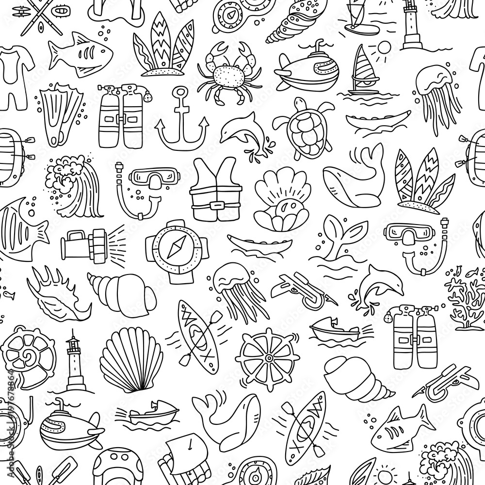 Fototapeta premium Diving hand draw cartoon seamless pattern. Diving and water sport and adventure repeatable background with diving and scuba equipment, sea life, animals and cartoon vector elements. Diving seamless