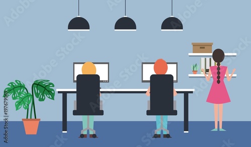 people sitting view back chairs table and computers and woman looking shelfbooks vector illustration