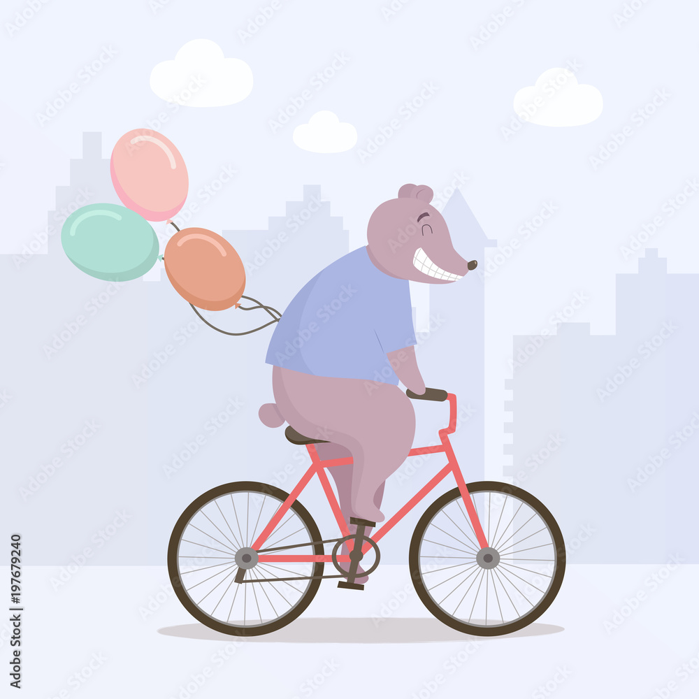 Cute joyful bear riding a bicycle. Vector illustration. Cute joyful bear riding a bicycle. Vector illustration.