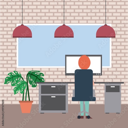 man sitting in the chair back view working in computer plant board lamp and brick wall vector illustration