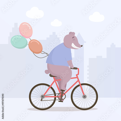 Cute joyful bear riding a bicycle. Vector illustration. © Svetlana
