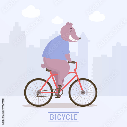 Fototapeta Naklejka Na Ścianę i Meble -  Cute joyful bear riding a bicycle. Vector illustration.