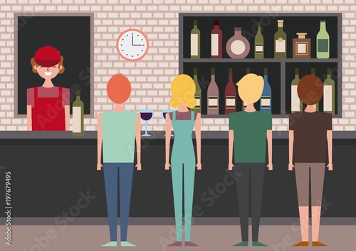 group people viewed back and barista behind bar counter vector illustration