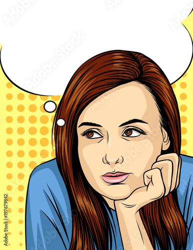 Vector illustration of  woman thinking and looking up over dot pattern background. Comic art style illustration of pretty girl's face