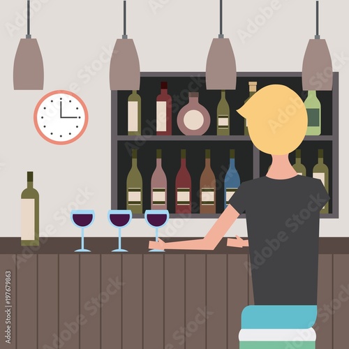 young man sitting holding wine glass in stool bar counter viewed back vector illustration