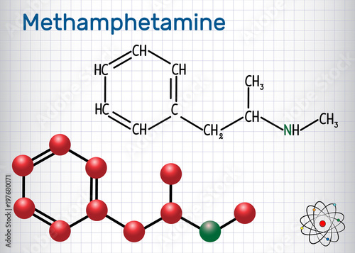 Methamphetamine (crystal meth, C10H15N) molecule. Structural chemical formula and molecule model. Sheet of paper in a cage
