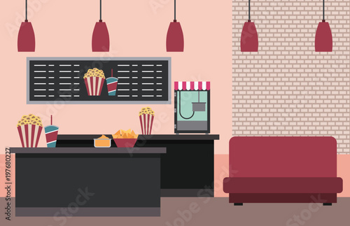 cinema counter machine popcorn soda sofa menu board vector illustration