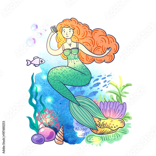 Hand drawn vector illustration mermaid. 
