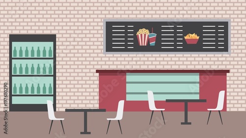 cinema bar counter cooler table chairs menu board brick wall vector illustration