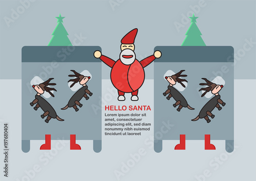 Santa claus lulls reindeers for sleeping on the bed with copy space. Scene for Merry Christmas.