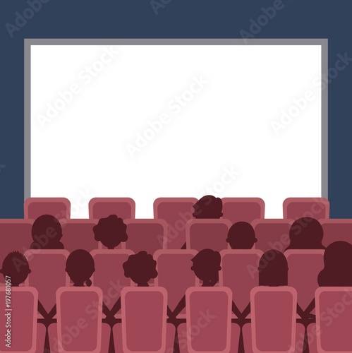 people cinema auditorium with seats and white blank screen vector illustration
