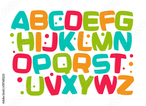 Kids alphabet, colorful cartoon font, kid letters set, play room funny design element, kids zone vector illustration.