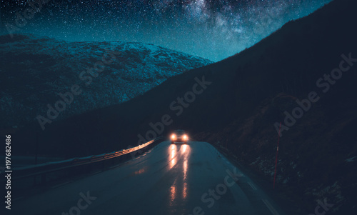 Fototapeta Naklejka Na Ścianę i Meble -  Norway adventures, nighttime road trip