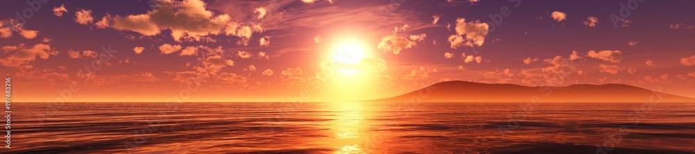 violet sunrise, panorama of the sea sunset
3D rendering

