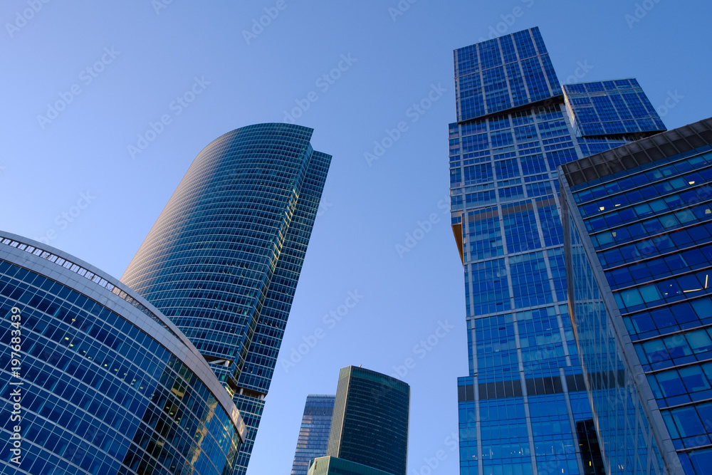 Skyscrapers in Moscow, the blue sky, the sunset
