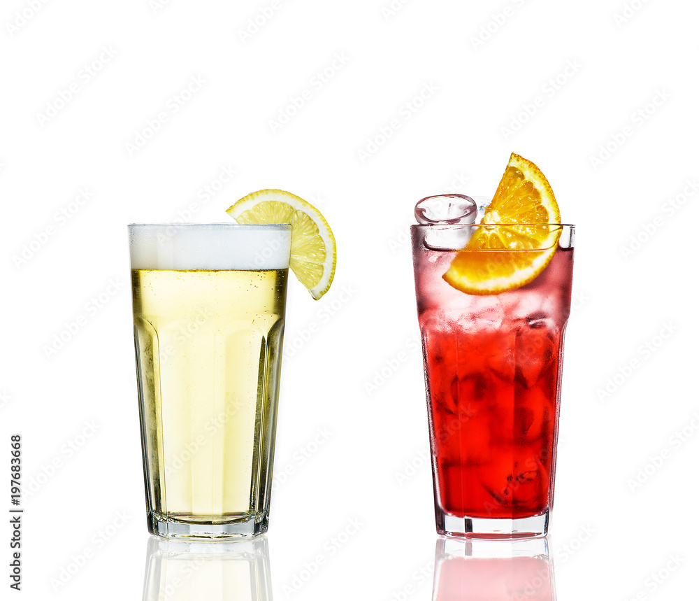 two cocktails with ice on a white background two cocktails with ice on a white background