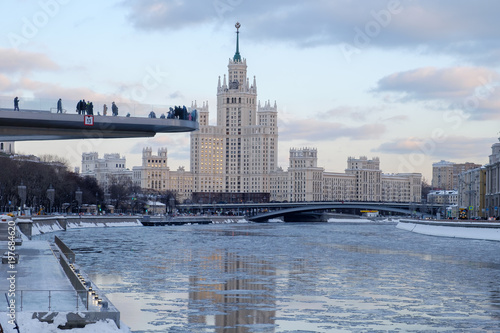 New park in Moscow, high-rise building, pedestrian bridge