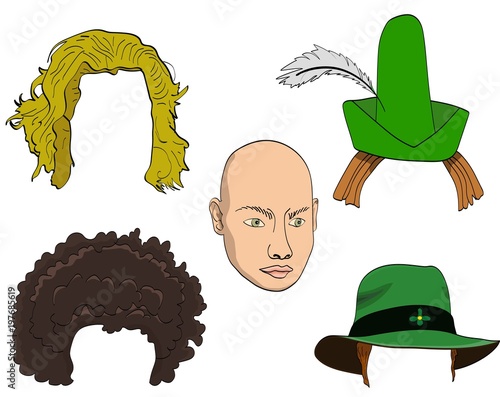 Vector cartoon doodle set of wigs with green hats,  sandy hairs and afro wig on a white background. The image contains bold human head for wig fitting.