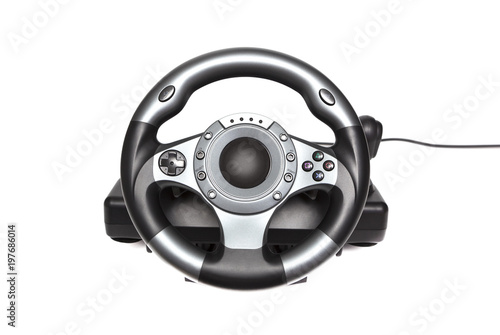 Computer gaming steering wheel. Game played on the computer