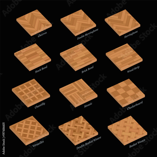 Parquetry sample set of wooden floor plates. Most popular wood flooring parquets with names - isolated 3D vector illustration on black background.