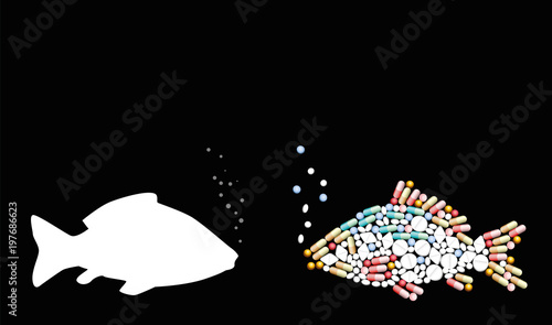 Fish, antibiotics, contaminants. Pills that shape a fish. Symbol for animal contamination, food and healthcare issues, medicine, pharmacy, antibiotics and diet - vector on black.