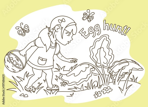 Easter Egg Hunt. Little Girl Looking for Eggs  Outline Vector Illustration