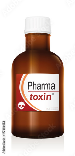 Medicine bottle named PHARMA TOXIN, a medical fake product with a skull as the brand logo which alludes to the danger of false medication - isolated vector illustration on white background.
