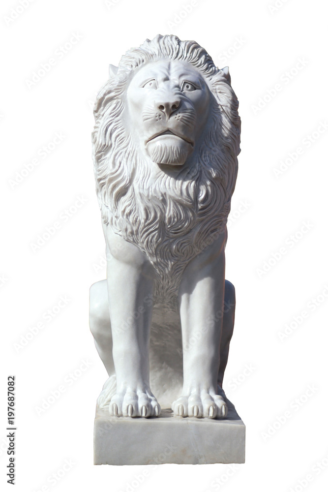 White marble classic statue of a sitting lion isolated on white background White marble classic statue of a sitting lion isolated on white background