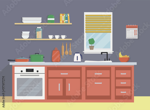 Modern kitchen interior with appliances, cooking utensils, sink, kettle, stove, dishes and furniture. Home art. Flat style vector illustration.
