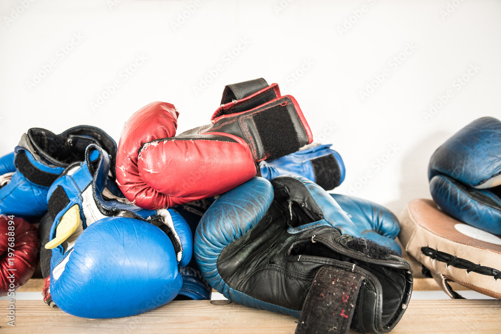Tested time and training boxing gloves, boxing accessories, sport lifestyle  Stock Photo | Adobe Stock