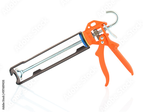 Orange and black silicone glue gun isolated on white background with shadow reflection. Sealant or caulking gun on a white backdrop.  Faithfull heavy duty mastic gun. Resin Applicator. photo