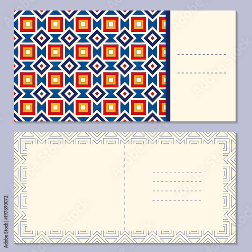 Set of four page greeting cards, invitation, brochures layout with outside and inside spread with geometric pattern