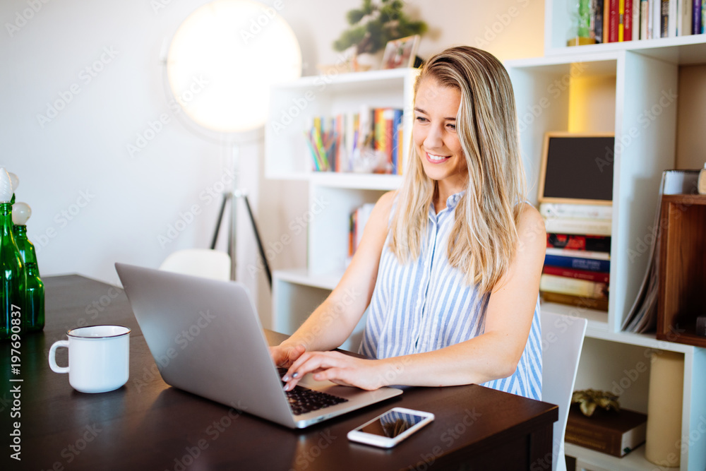 pretty young woman working on the laptop in her home pretty young woman working on the laptop in her home