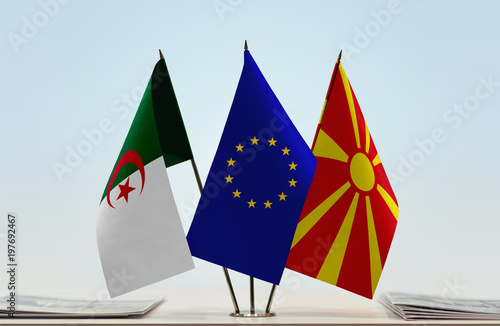 Fototapeta Naklejka Na Ścianę i Meble -  Flags of Algeria European Union and Macedonia