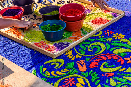 Decorating temporary Lent procession carpet, Antigua, Guatemala photo