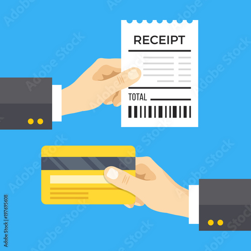 Hand holding receipt and hand holding credit card. Cashless payment concept. Flat design vector illustration