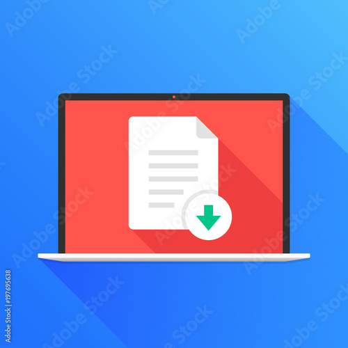File download button on laptop screen. Downloading document concept. Modern long shadow flat design. Vector illustration