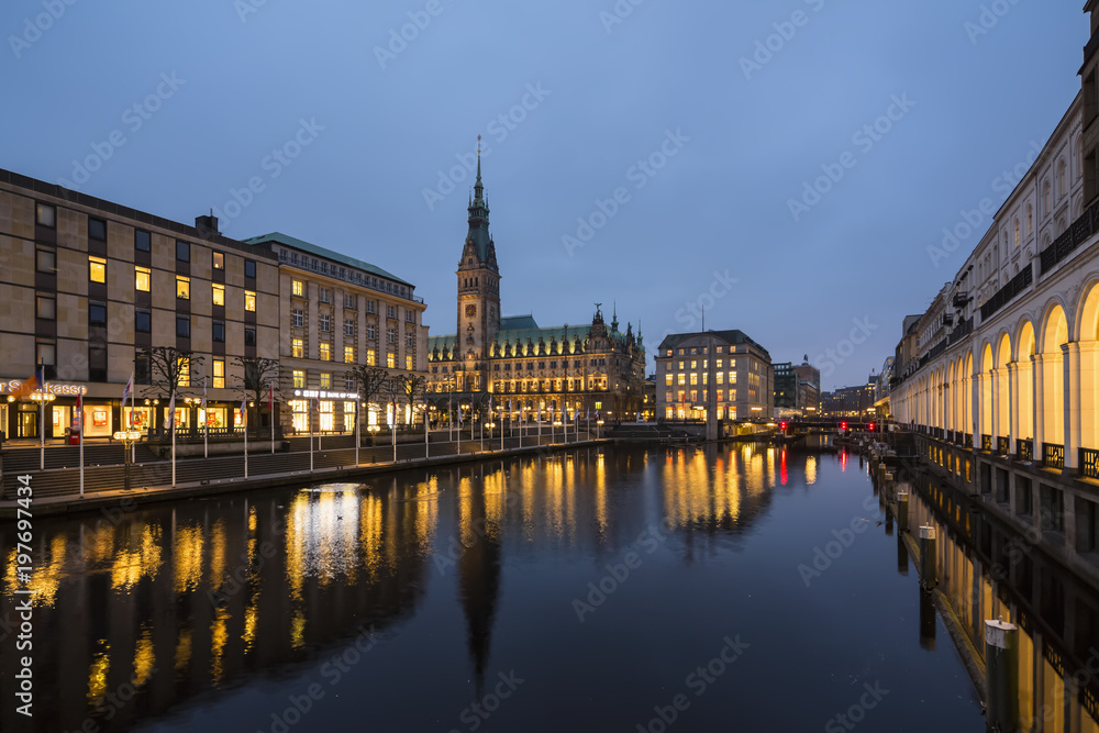 Germany, Hamburg, town hall and Little Alster in the evening Germany, Hamburg, town hall and Little Alster in the evening