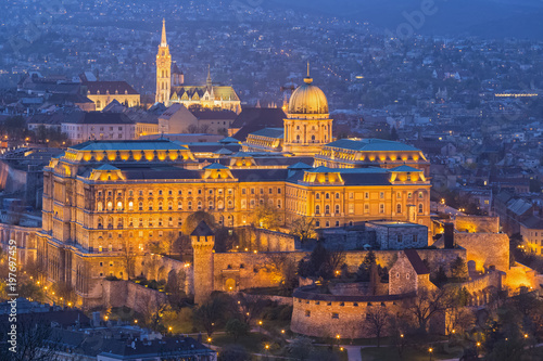 Hungary, Budapest, Budapesti Torteneti Muzeum in Burda Castle, blue hour photo