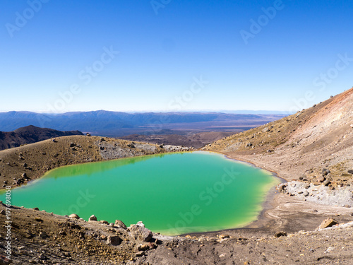 Green Emerald Lake Landscape with Blue Sky Summers Day on Tongariro Alpine Crossing