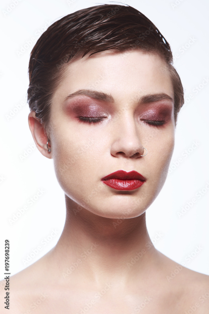 short hair Caucasian female model woman girl beautiful sexy pretty cute posing makeup beauty red eye-shadow lips lipstick