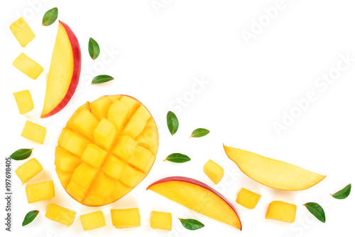 half of Mango fruit decorated with leaves isolated on white background close-up. Top view. Flat lay