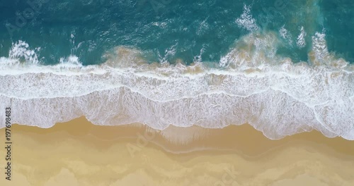 Aerial shot split in thirds by beach surf and deep ocean waves vertical 4K