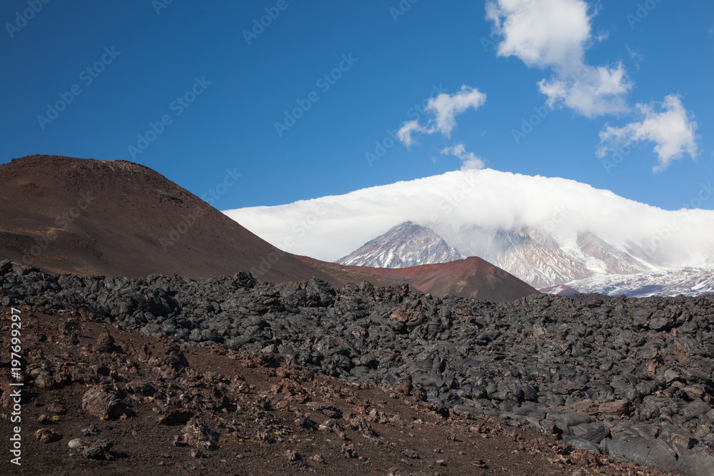 Volcano Tolbachik (flat) in Kamchatka in Russia . Field of clinker volcanic lava.