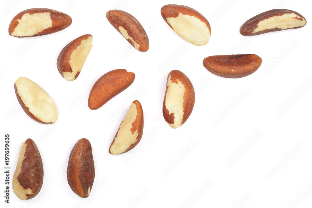Brazil nuts isolated on white background closeup with copy space for your text. Top view. Flat lay Brazil nuts isolated on white background closeup with copy space for your text. Top view. Flat lay