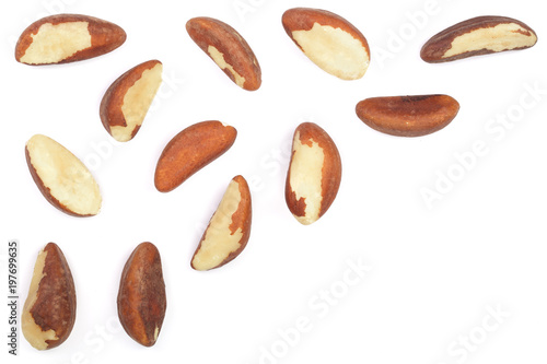 Brazil nuts isolated on white background closeup with copy space for your text. Top view. Flat lay