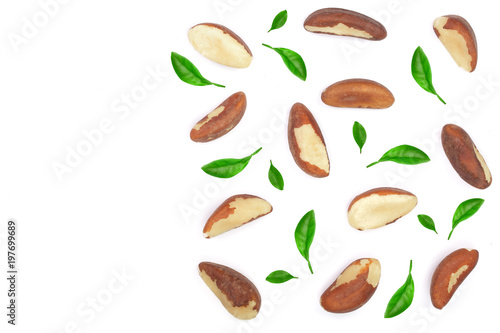 Brazil nuts isolated on white background closeup with copy space for your text. Top view. Flat lay
