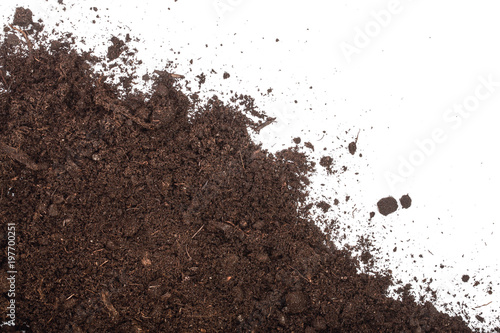 Pile heap of soil isolated on white background with copy space for your text. Top view